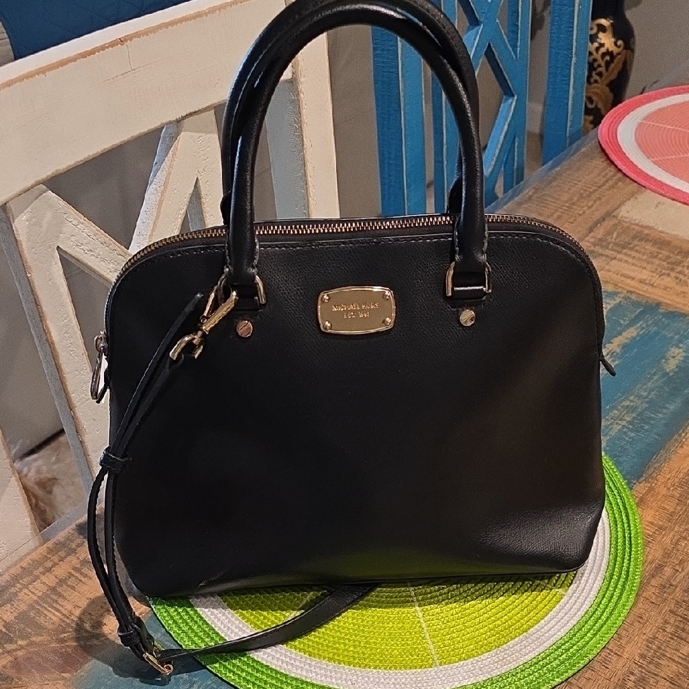 MICHAEL‎ Michael Kors Black Leather Satchel with Gold Details